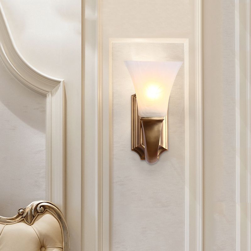 1 Bulb Sconce Light Fixture with Flared Shade Frosted Glass Vintage Style Bedroom Wall Mount Lamp in Gold