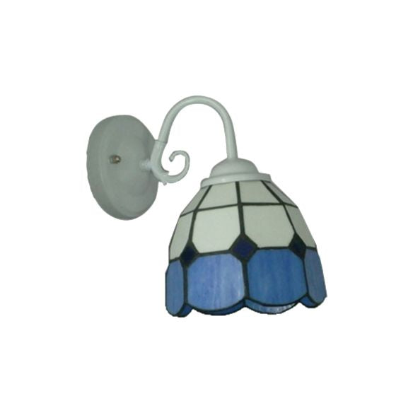 Tiffany Lattice White Domed Wall Sconce with Blue Edge 1 Light Art Glass Wall Lamp for Restaurant