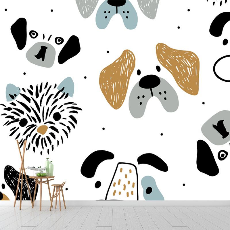 Big Dogs Mural Wallpaper Cartoon Cute Animal Print Wall Art in Black-Orange on White