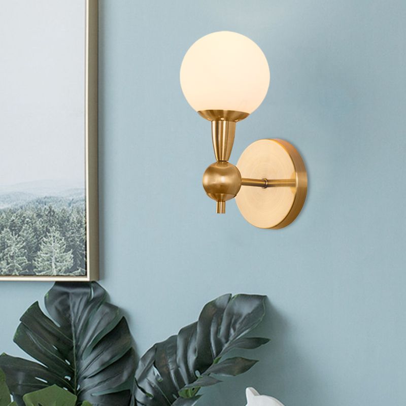Mid Century 1/2-Bulb Wall Lighting Ideas Brass Orb Shaped Wall Mount Light with Opal Glass Lampshade