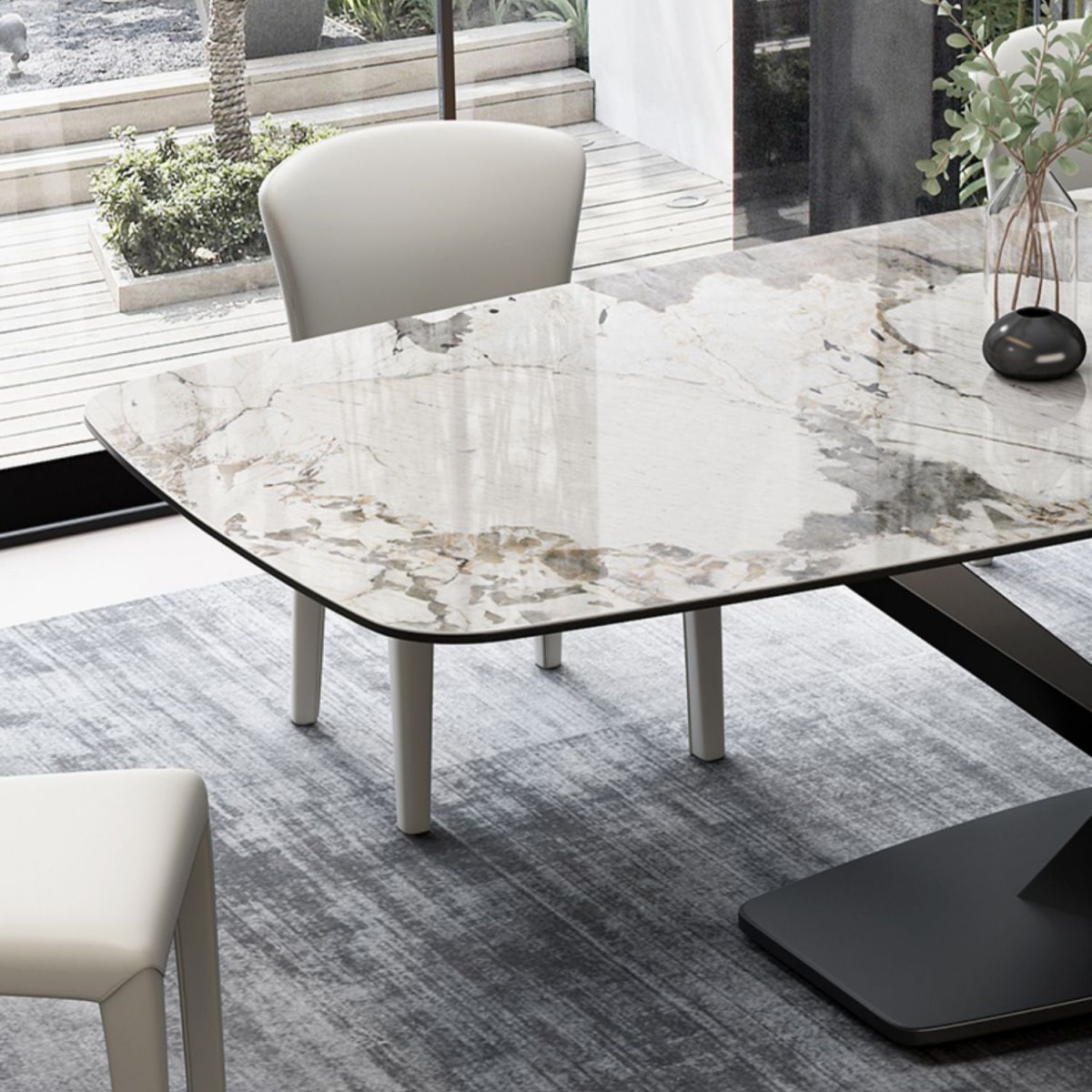 Modern Rectangular White Top Dining Table with Black Metal X-Base