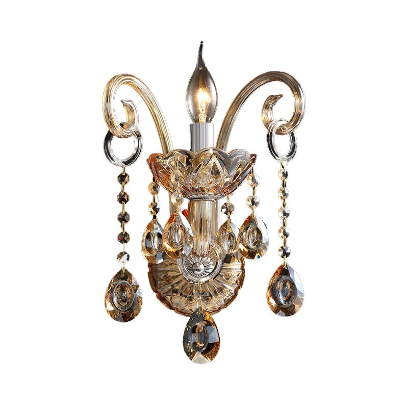 Amber Glass Candle Sconce Light Modernism 1/2 Heads Bedroom Wall Light Fixture with Crystal Drip Accent