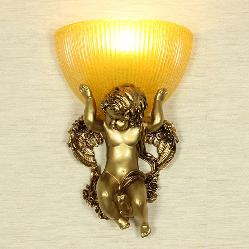 Angel Sconce Light Colony Metal 1 Head White/Gold Wall Lamp Fixture with Dome Amber Glass Shade, Left/Right