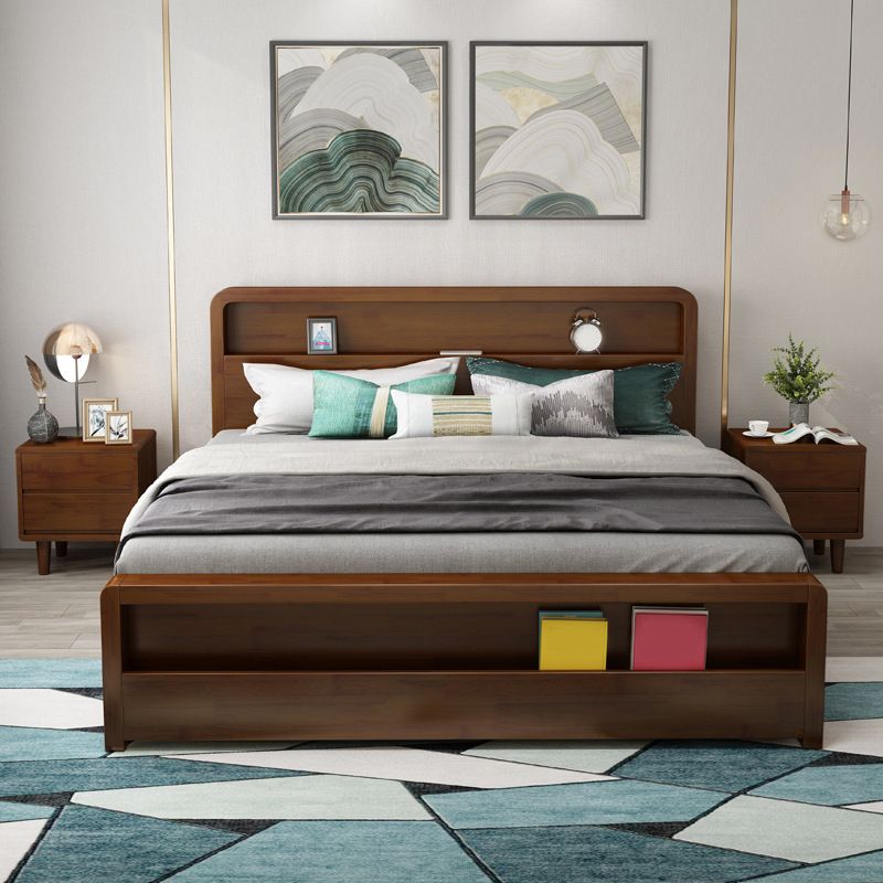 Traditional Standard Bed Pine Wood Panel Rectangular Bed Frame in Natural and Walnut