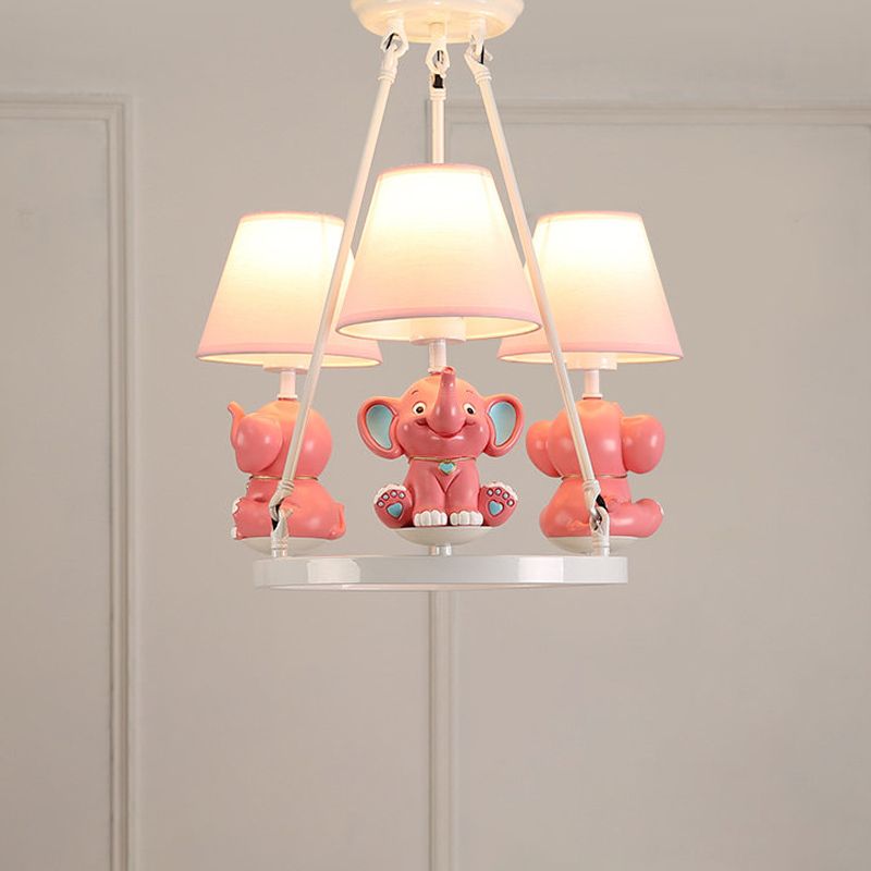 Resin Elephant Chandelier Light Fixture Kids 3 Heads Pink Pendant Lamp with Conical Fabric Shade