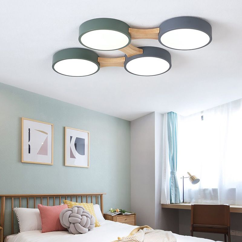 Plafonnier LED Macaron en bois de style créatif moderne, plafonnier circulaire en fer forgé avec abat-jour en acrylique