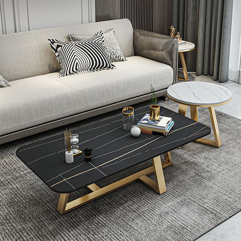 Glam Rectangle Stone Top Coffee Table with Iron Cross Legs Coffee Table