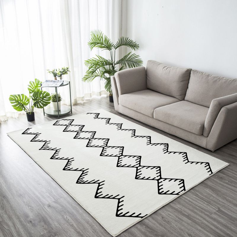 White Line Pattern Rug Polyester Modern Rug Washable Rug for Drawing Room