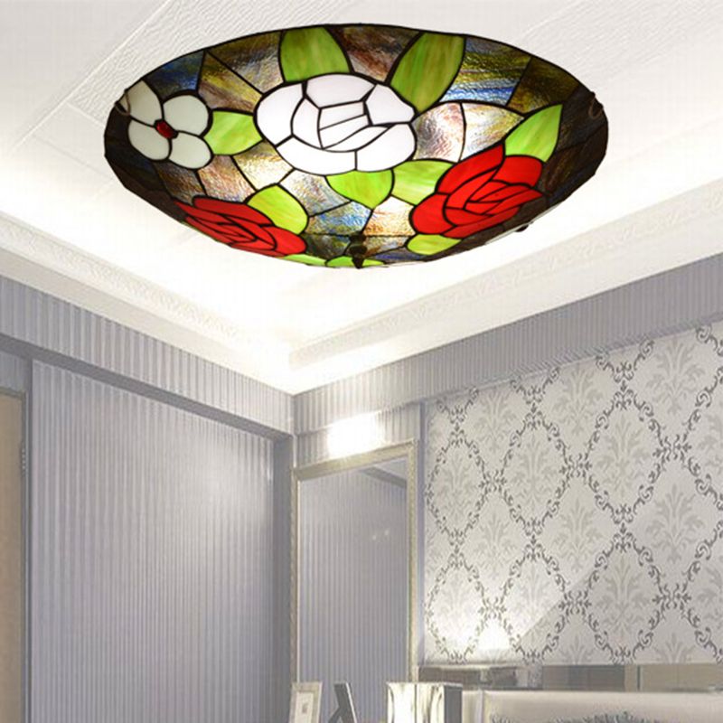 Floral Flush Light Fixtures Stained Glass Tiffany Flush Mount Ceiling Light Fixture