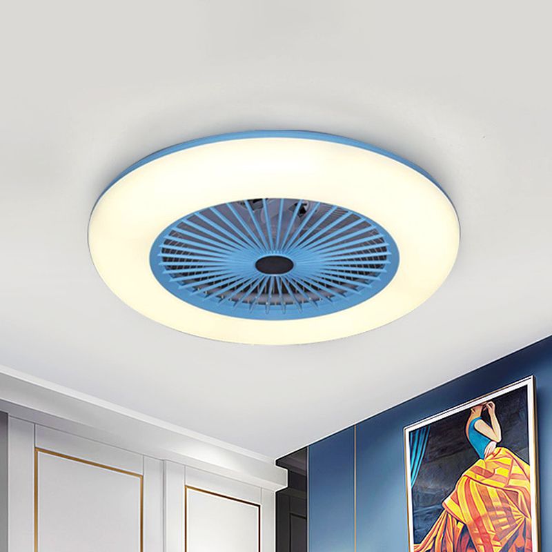 Pink/Blue LED Semi Flush Mount Light Fixture Modern Acrylic Circle 5 Blades Hanging Fan Lamp for Bedroom, 21.5" Wide