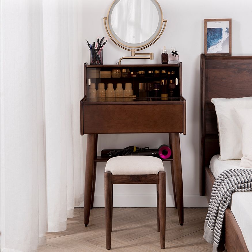 Modern Vanity Table and Stool Set Wooden and Glass With Drawer Vanity Desk