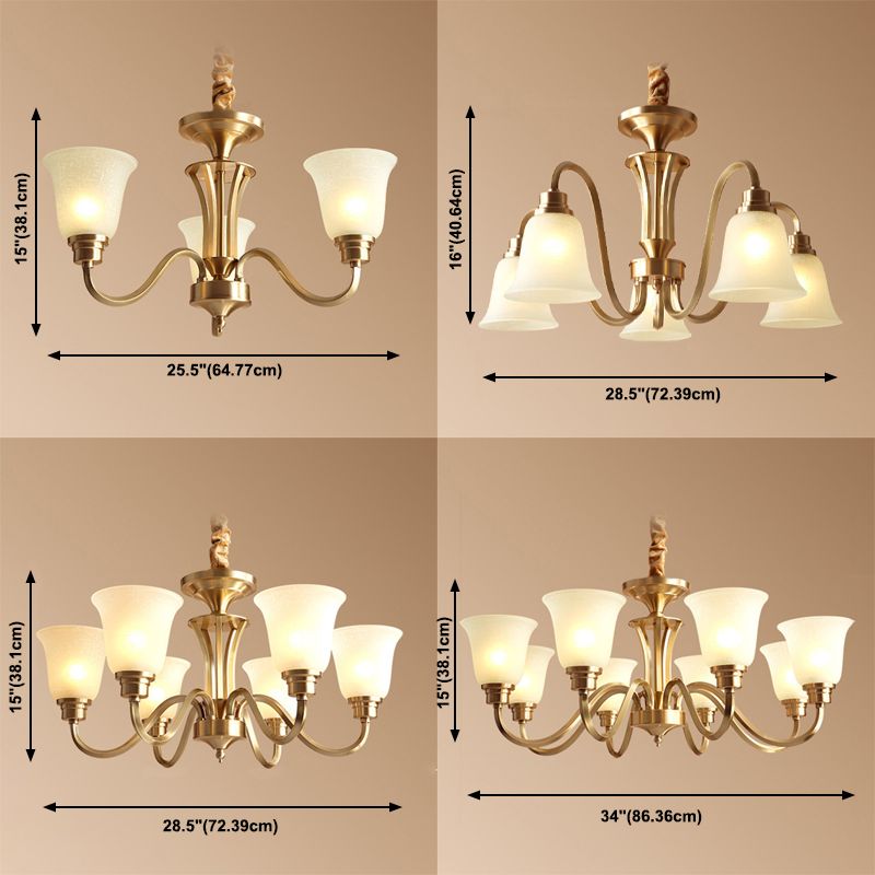 Traditional Brass Chandelier Light Multi-Head Suspension Light with White Glass Shade