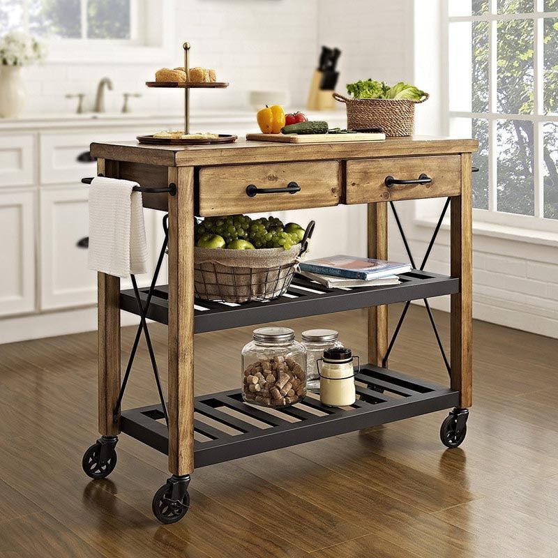 Rolling Solid Wood Kitchen Island Home Dining Kitchen Trolley with Towel Rack