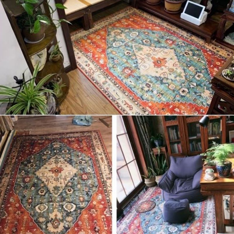 Red Tone Vintage Area Rug Polyester Medallion Print Rug Non-Slip Backing Indoor Rug for Living Room