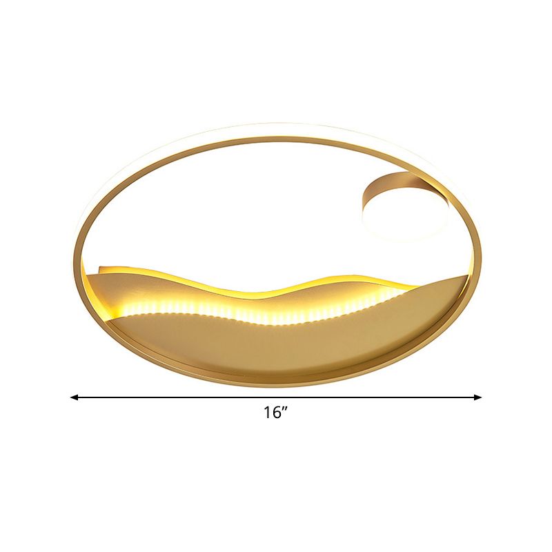 16"/19.5" W Modern Style LED Flush Light Aluminum Golden Sea Sunset Close to Ceiling Fixture with Glow Hoop in Warm/White Light