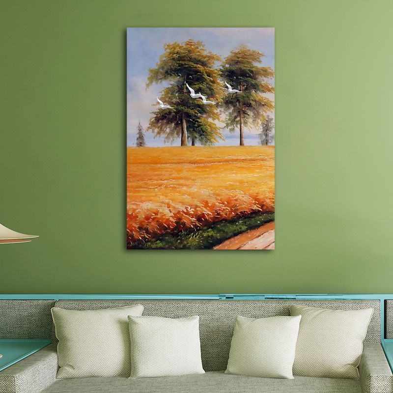 Yellow Painting Canvas Bird Flying over Field Landscape Rustic Textured Wall Art