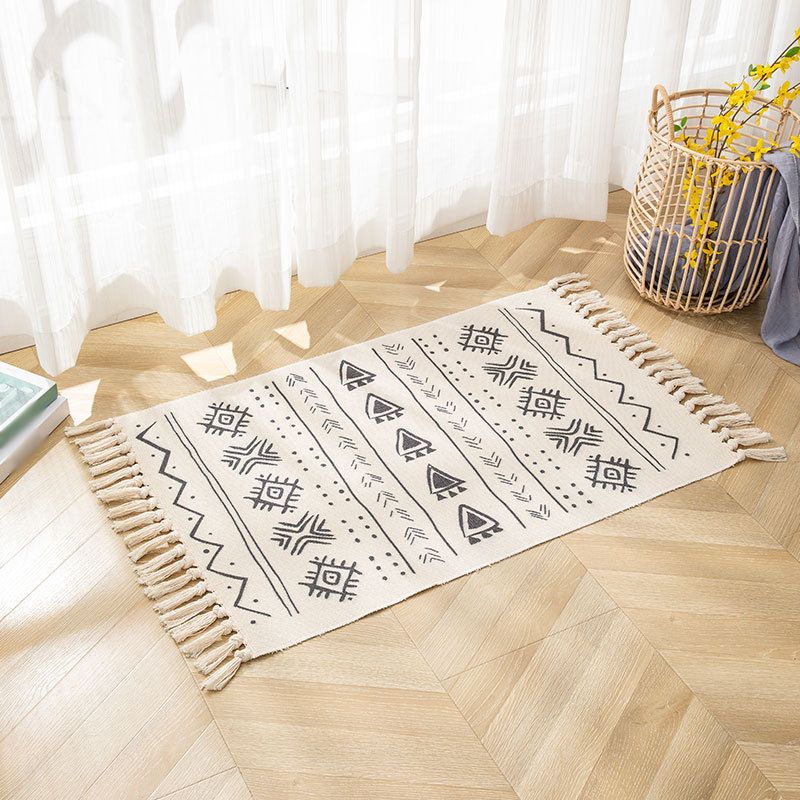 Alfombra con estampado de rayas contemporáneas, alfombra mezclada de algodón con flecos para decoración del hogar