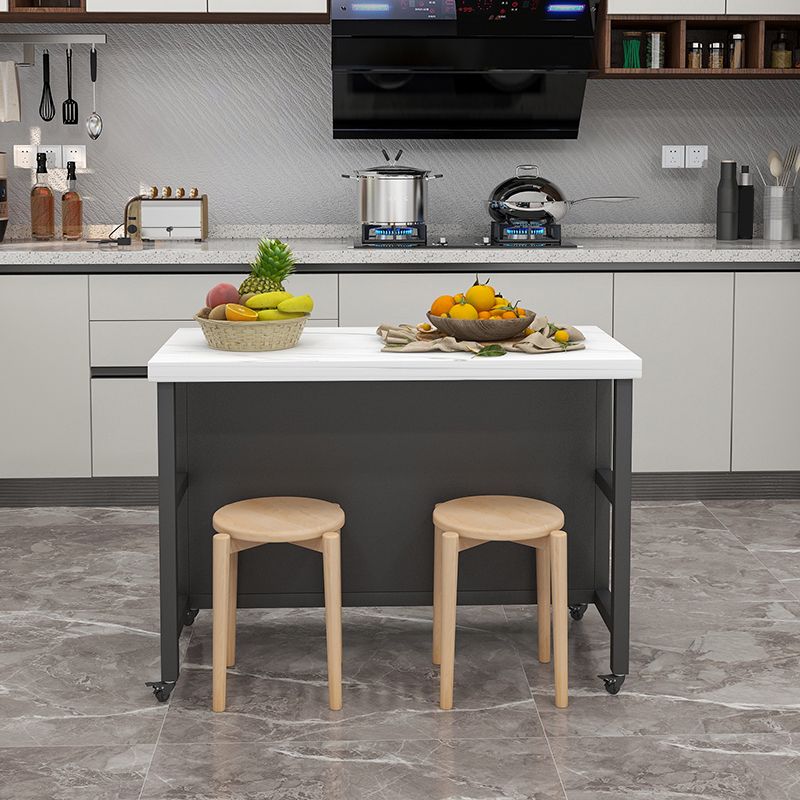 Rolling Kitchen Trolley Cart with Marble/Stone Top and Iron Base Kitchen Cart in Black