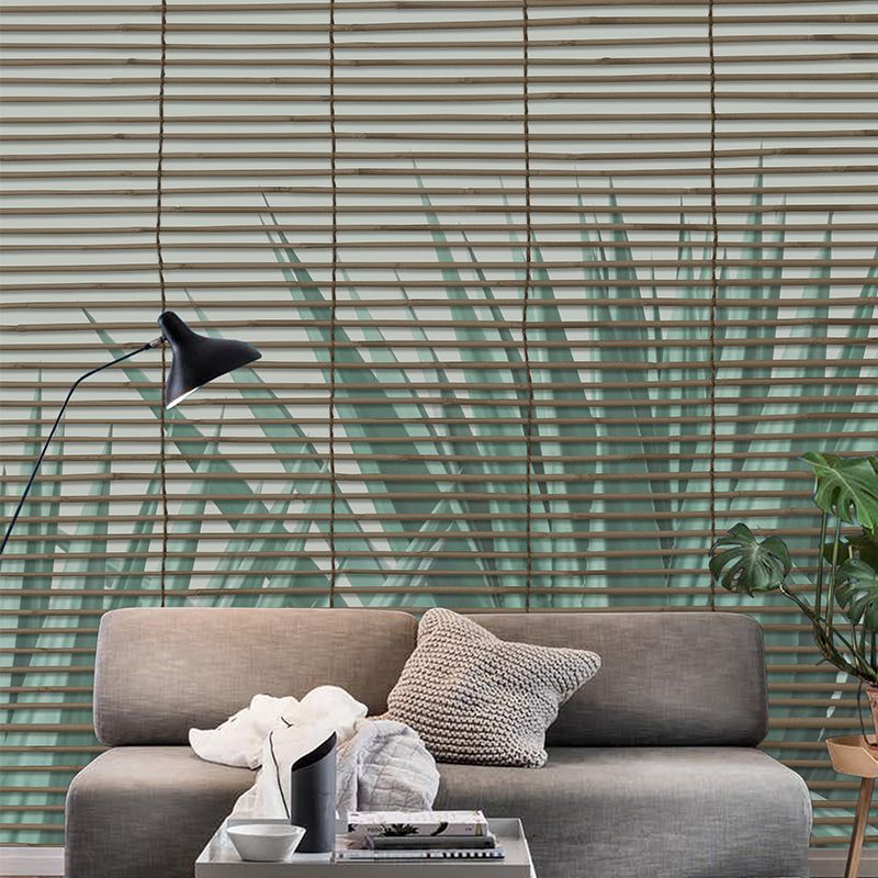Custom Illustration Tropix Mural Wallpaper with Pleated Shades and Aloe Vera Pattern in Green