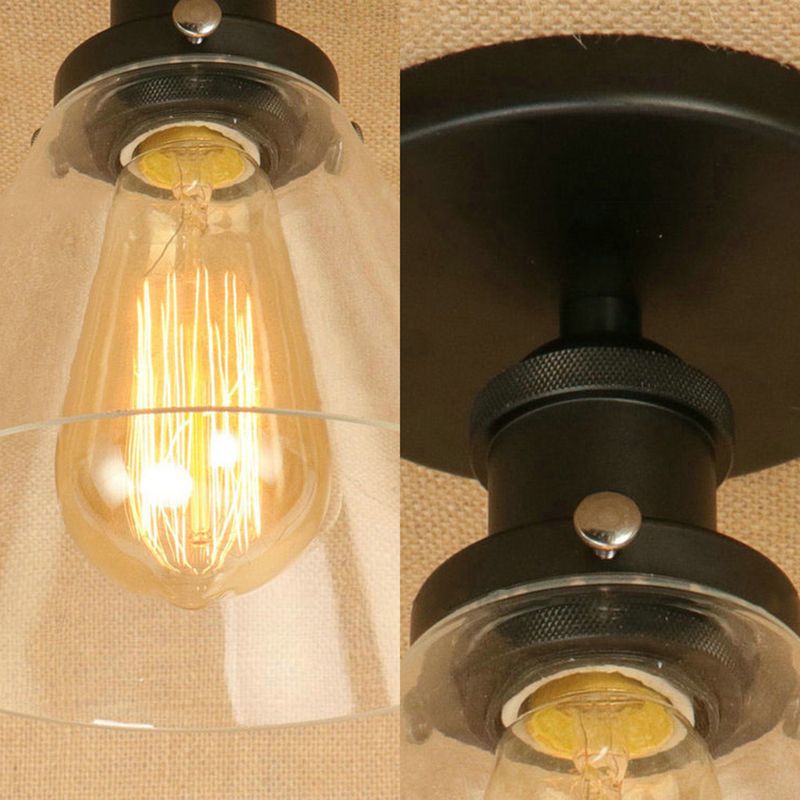 Single Bulb Semi-Flush Mount Industrial Conical Clear Glass Ceiling Light in Black / Brass / Copper