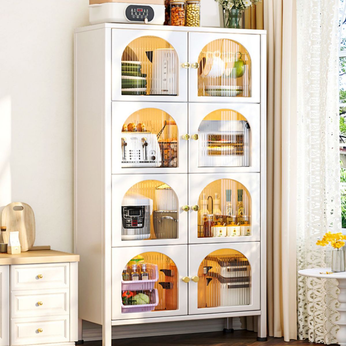 white Metallic Buffet Sideboard 12.6-inch wide Dining Server with wheels