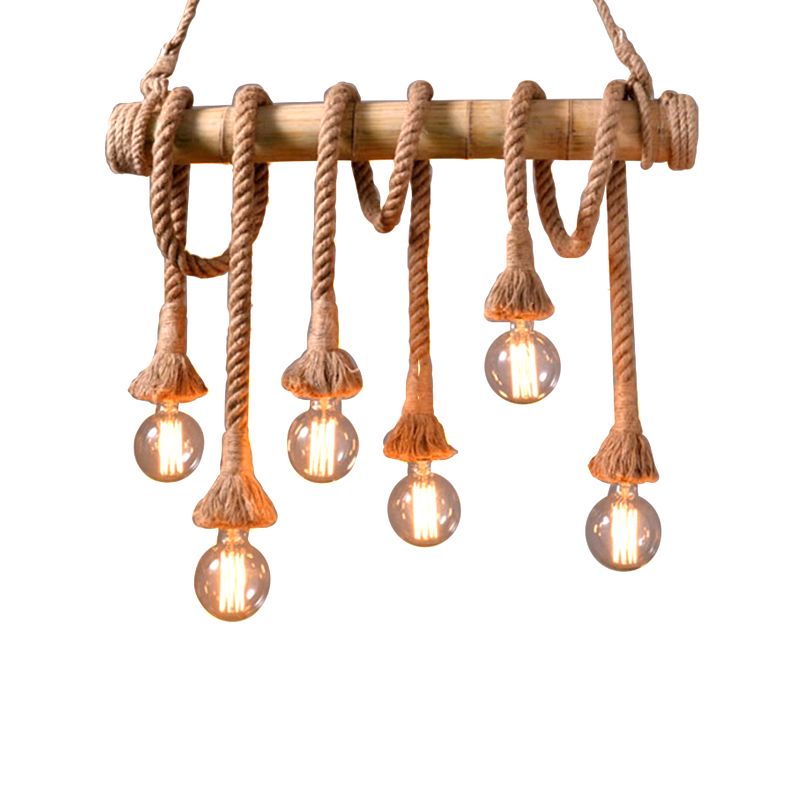 Exposed Bulb Kitchen Pendant Light Fixture Vintage Rope 4/6 Light Beige Hanging Lamp Kit