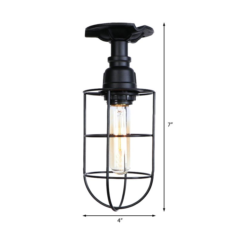 Black / Bronze 1 Bulb Semi-Flush Mount Light Vintage Metal Wire Guard Ceiling Mounted Light for Corridor