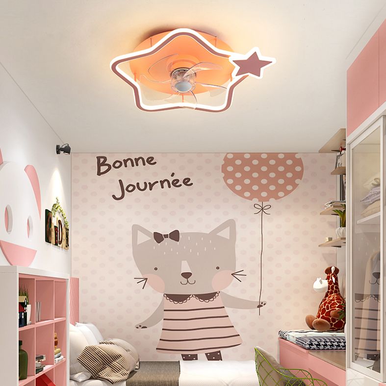 Cartoon Geometric LED Fan Light Fixture Acrylic Kids Bedroom Semi Flush Mount Light in Pink