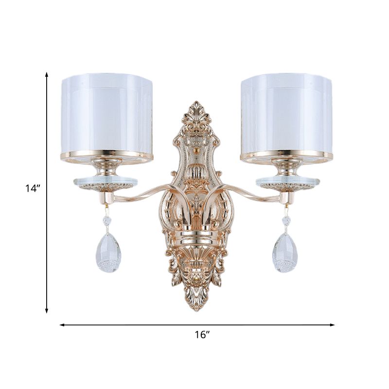 2-Light Wall Sconce Lighting Modern Double Cylinder Clear and Frosted Glass Wall Mounted Lamp in Gold