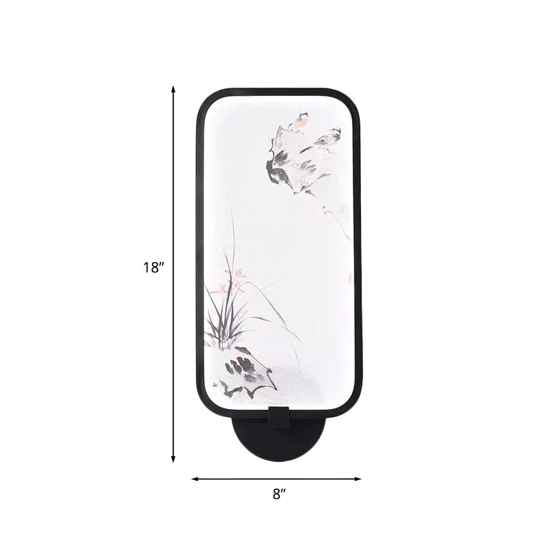 Acrylic Rectangle Wall Mural Light Chinese Style LED Black Wall Mounted Lamp with Bird Pattern