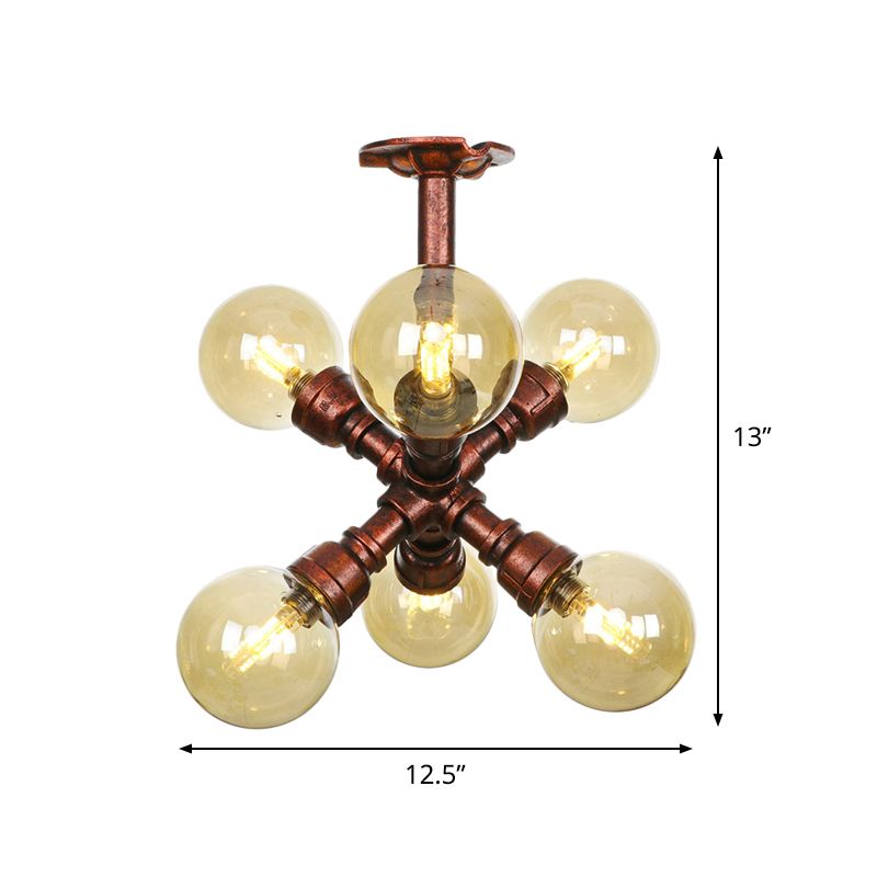 Farmhouse Global Semi Mount Lighting 4/5/6-Light Amber Glass LED Flush Lamp Fixture in Copper