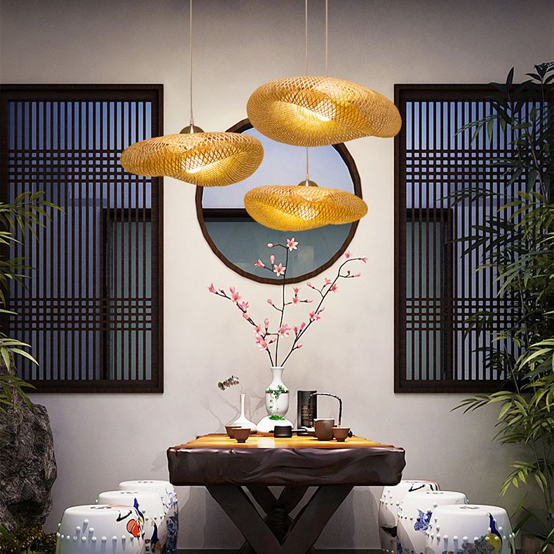 Beige Hat Shaped Pendant Lighting Fixture Asia Style Bamboo Hanging Pendant Light