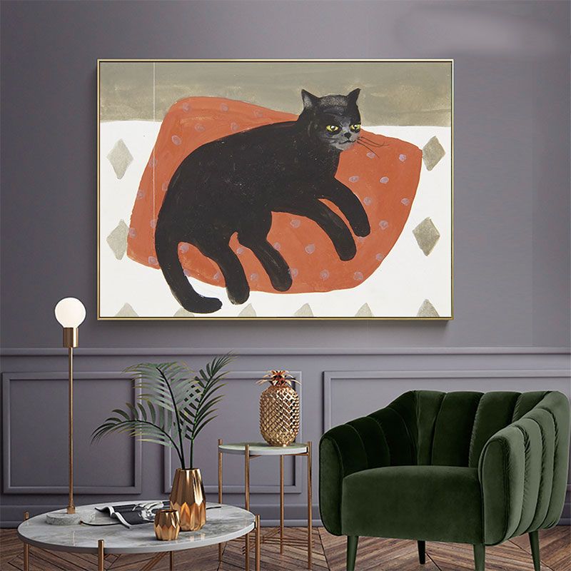 Textured Orange Canvas Art Kids Style Cat Lying on Pillow Painting for Baby Room