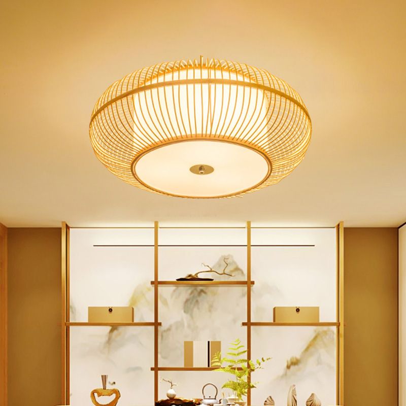 Plafonnier à 1 tête pour chambre à coucher, plafonnier beige asiatique avec abat-jour en bambou donut