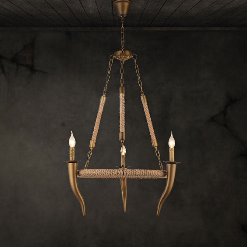 Rustic Wrapped Wagon Wheel Ceiling Pendant 3/6-Light Khaki Metallic Chandelier Light with Ox Horn Element