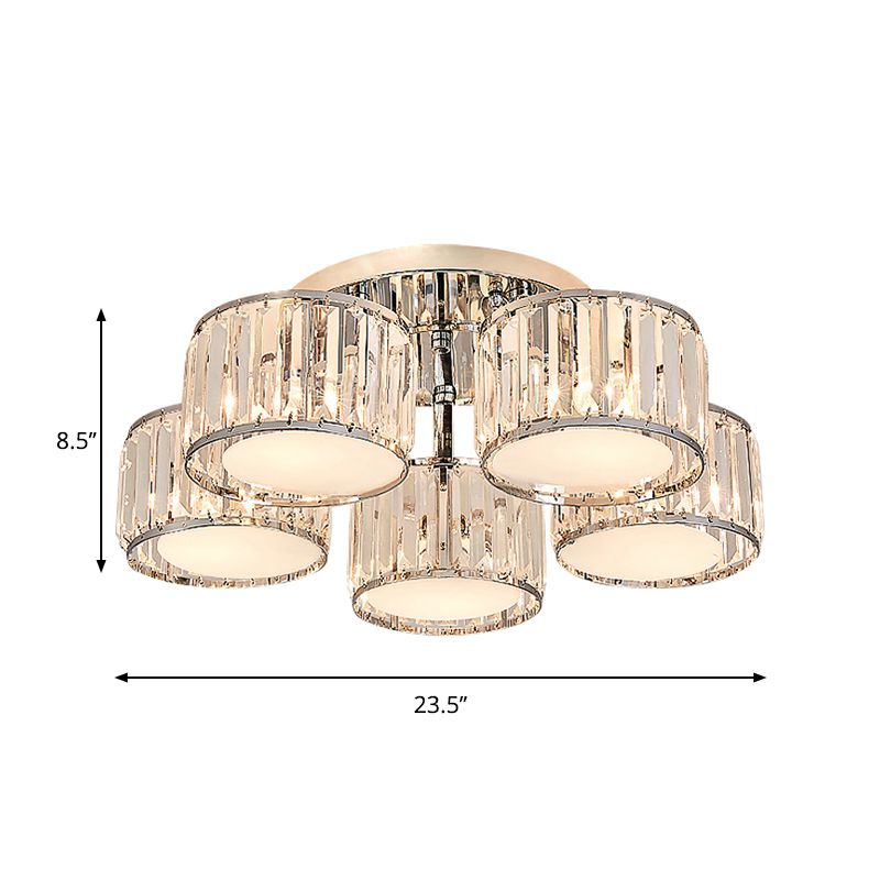 Crystal Drum Flush Mount Modernist 3/5/7 Heads Living Room Ceiling Lamp in Chrome Finish