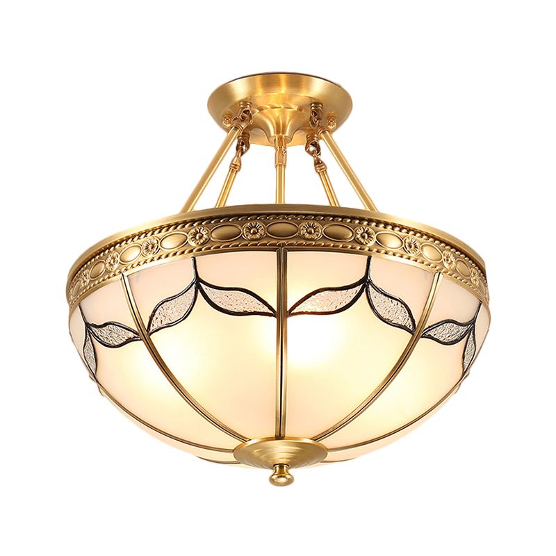 14"/16" W Dome Ceiling Light 3/4 Bulb Opal Glass Leaf Motif Semi Recessed Brass Lighting
