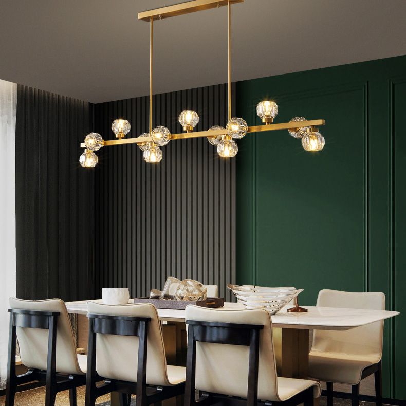 Simplicity Island Pendant Light Gold Linear Island Light Fixture with Crystal Shade