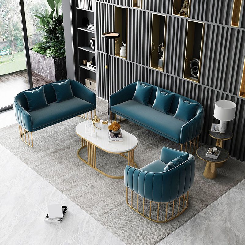 Contemporary Blue/Gray Sofa with Tuxedo Arm and Pillows for Apartment