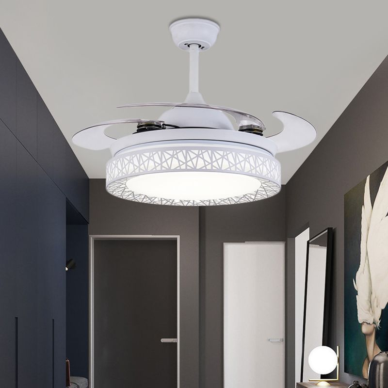 Lámpara de ventilador de dormitorio redondo LED contemporáneo de metal 36 "w Luz de semi flush blanca con 4 cuchillas, control remoto/de pared/control remoto y de pared