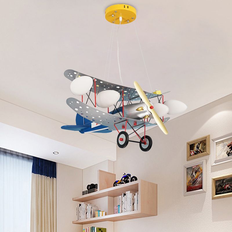 Iron Fighter Aircraft Hanging Light Kid 4-Bulb Blue Chandelier Lamp with Oval Ivory Glass Shade