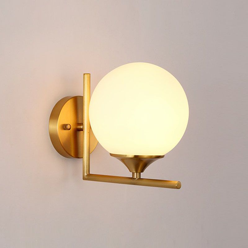 Sphere Bedside Wall Sconce Milk Glass 1-Light Minimalist Wall Mounted Light with Right Angle Arm in Gold