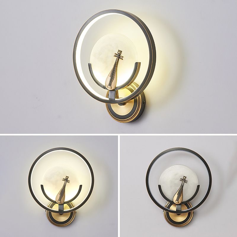New Chinese Style Jade Wall Light Circle Shape Wall Lamp with Acrylic Shade for Bedroom