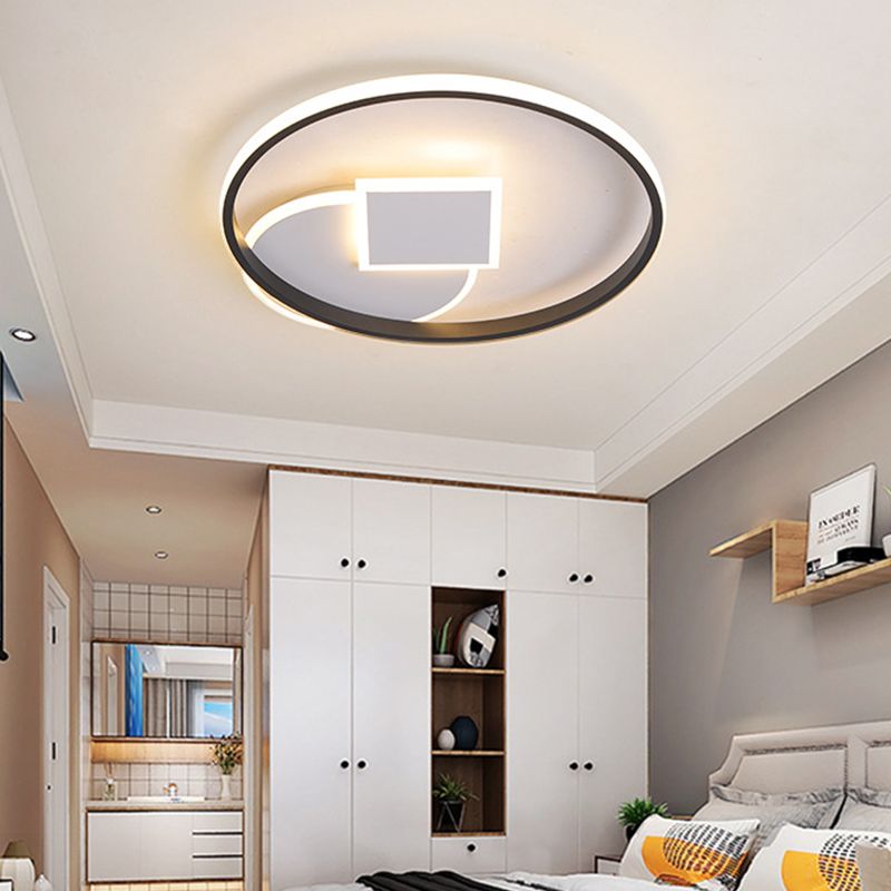 Round and Square Flush Light Fixture Simple Acrylic LED White-Black Ceiling Mounted Lamp in White/Warm Light, 16.5"/20.5" Wide
