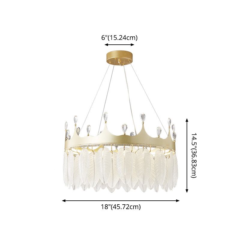 3-Colored LED Crystal Feather Chandelier Lamp Crown Shape Modern Crystal Hanging Chandelier with Clear Glass Feather Lamp Shade