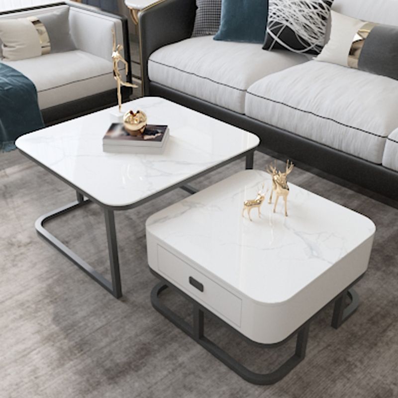 Round Slate/ Glass Coffee Table Frame 2 Nesting Cocktail Table with Storage