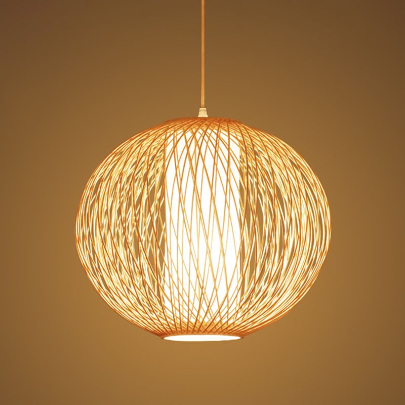 Beige Globe Pendant Lamp Chinese 1 Bulb Bamboo Hanging Light Kit with Inner White Cylinder Fabric Shade