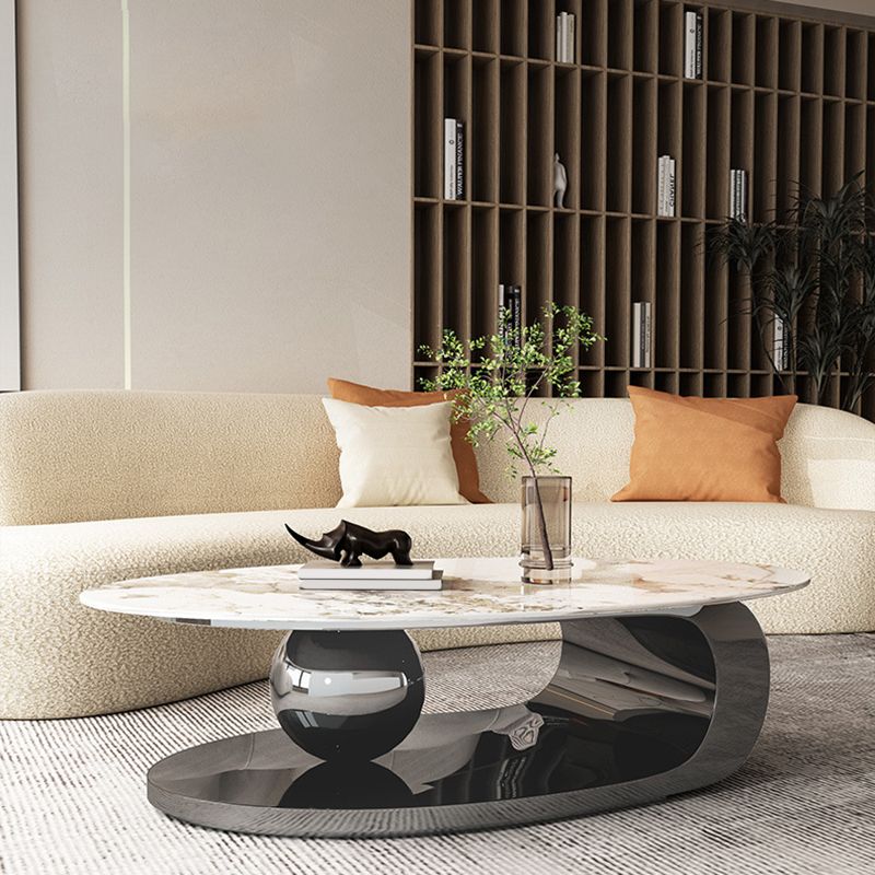 Elliptical Stone Glam Abstract Coffee Cocktail Table with Floor Shelf