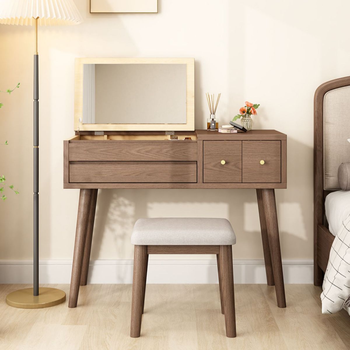 Solid Wood Makeup Vanity Desk Flip-Top Mirror Makeup Vanity Set with Drawer