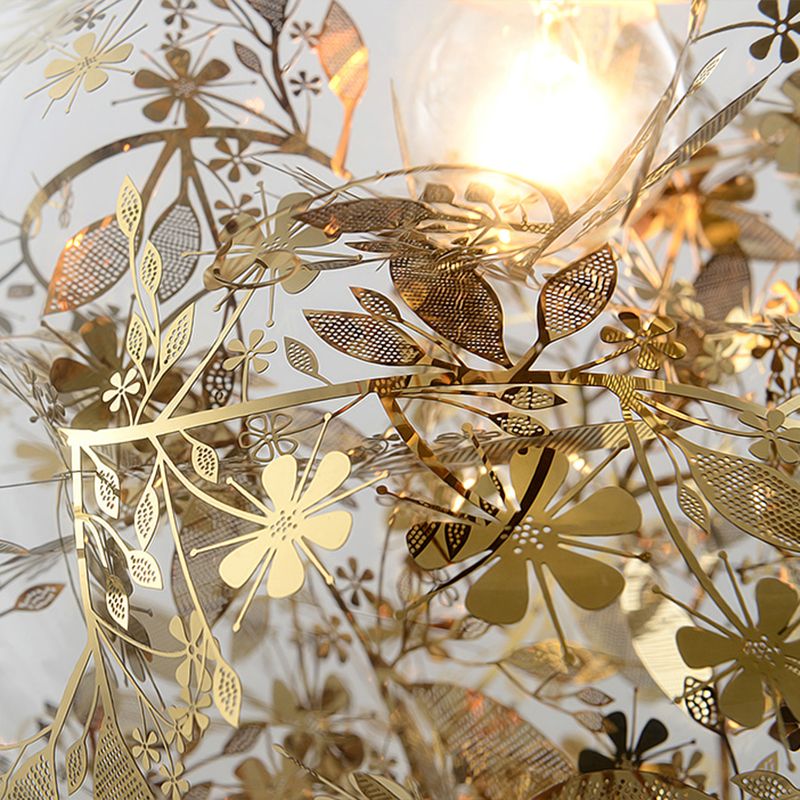 Minimalist Sphere Multi Light Chandelier Clear Glass 10-Head Stairs Pendant Lamp with Metal Flower Decor in Gold